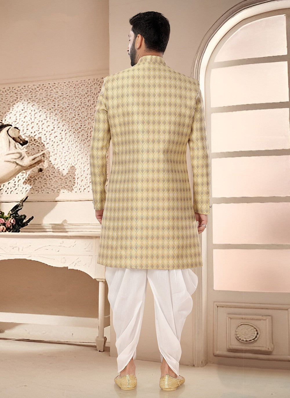 Woven Jacquard Yellow Sherwani - M7535