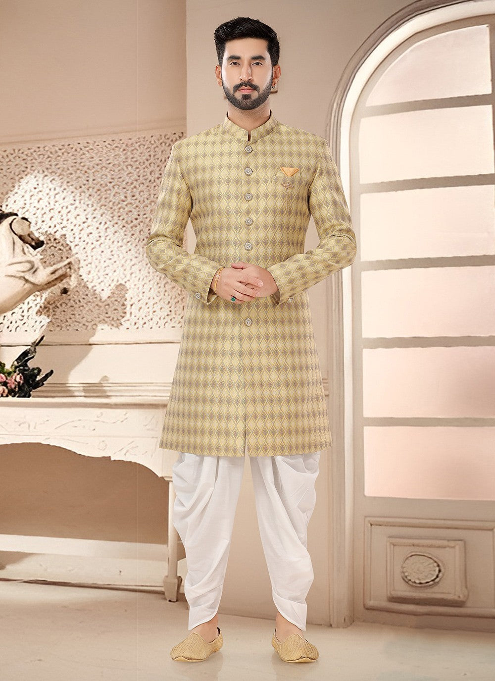 Woven Jacquard Yellow Sherwani - M7535