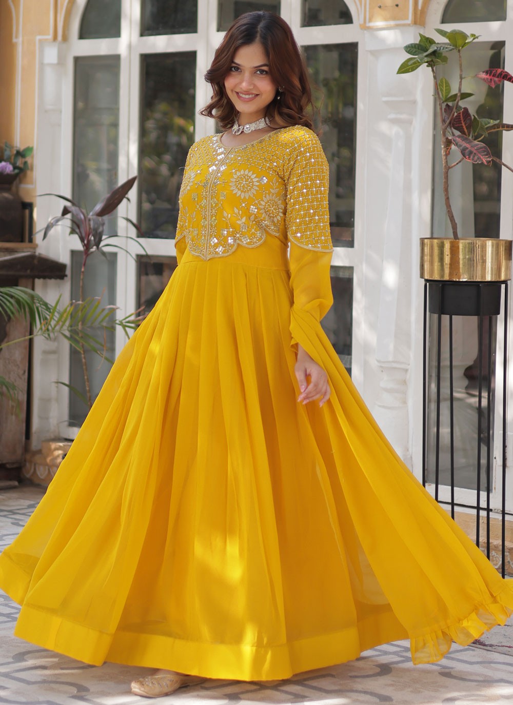 Embroidered Faux Georgette Yellow Gown G19818