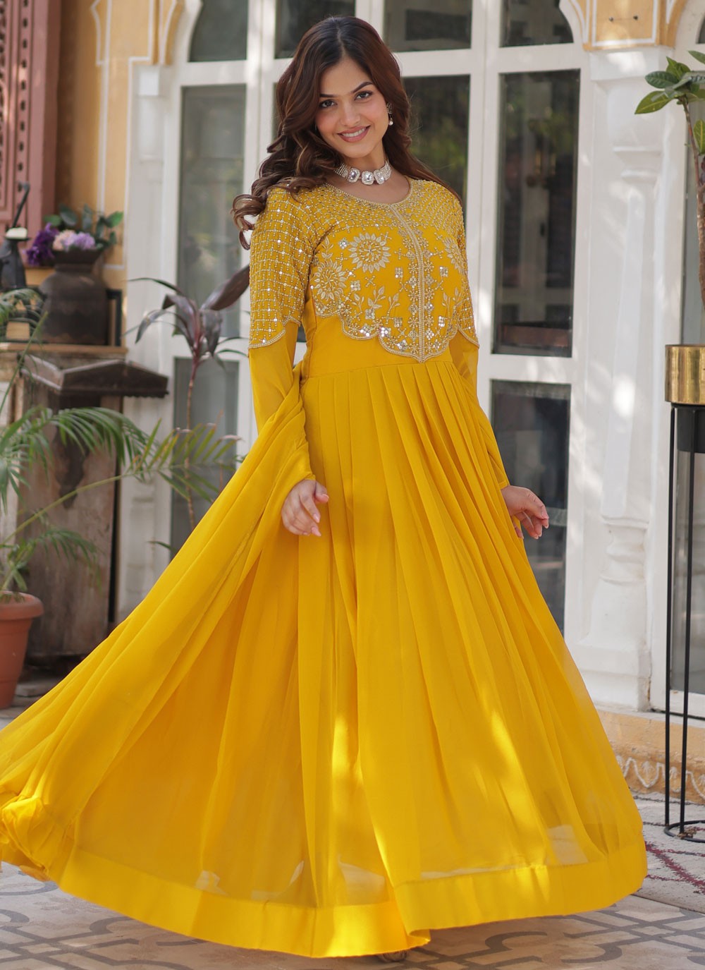 Embroidered Faux Georgette Yellow Gown G19818