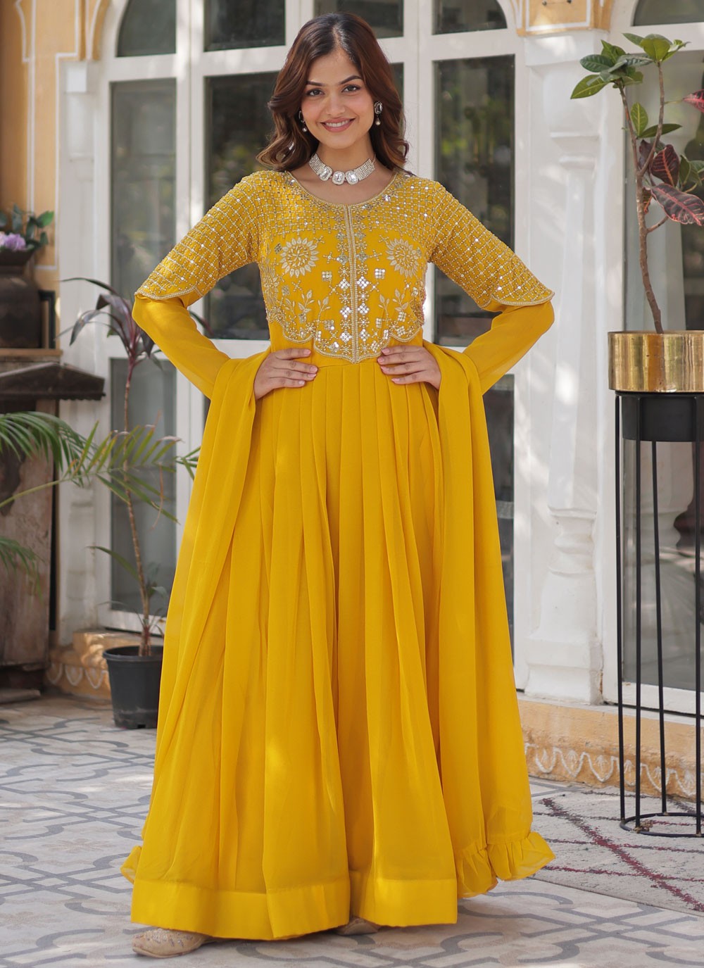 Embroidered Faux Georgette Yellow Gown G19818