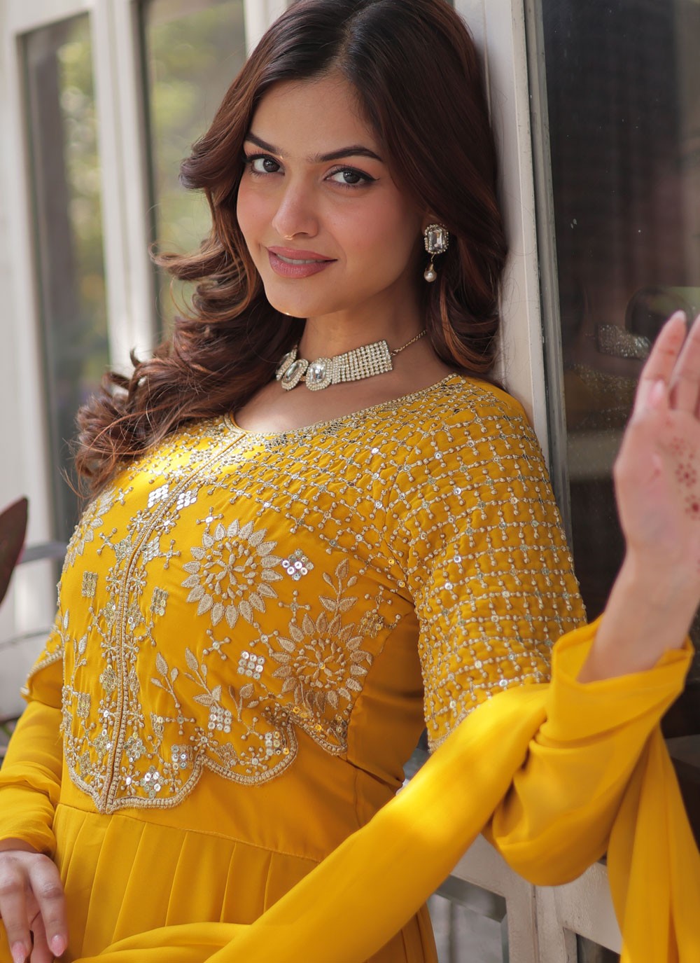 Embroidered Faux Georgette Yellow Gown G19818