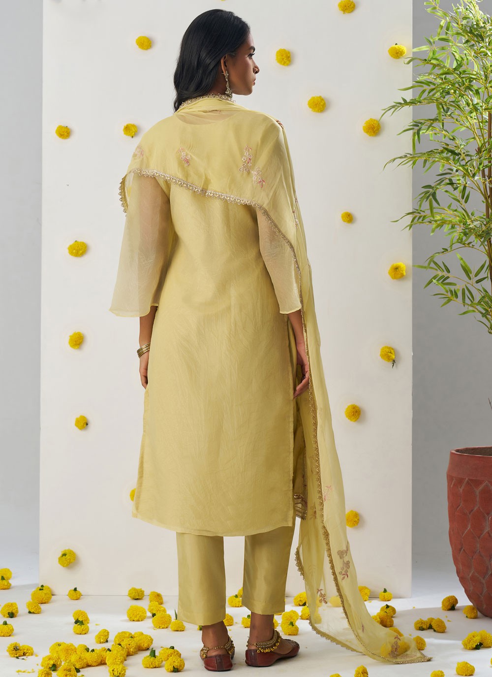 Pant Style Suit Embroidered, Stones, Zari Yellow T6968