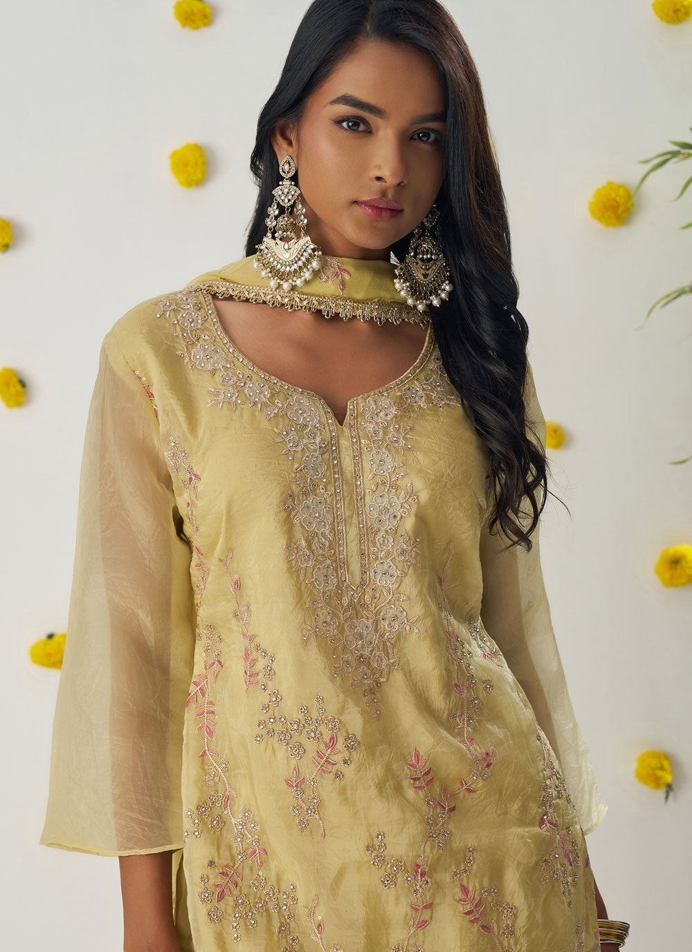 Pant Style Suit Embroidered, Stones, Zari Yellow T6968