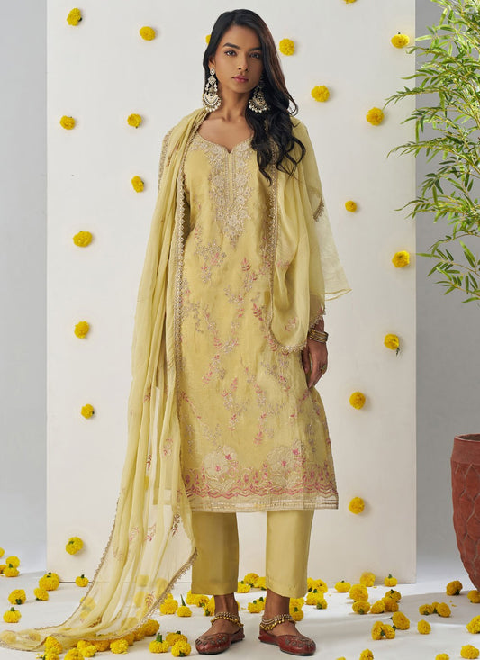 Pant Style Suit Embroidered, Stones, Zari Yellow T6968