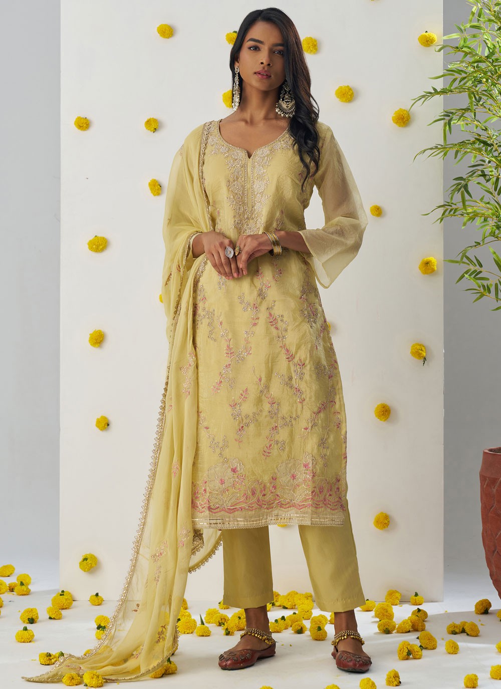 Pant Style Suit Embroidered, Stones, Zari Yellow T6968