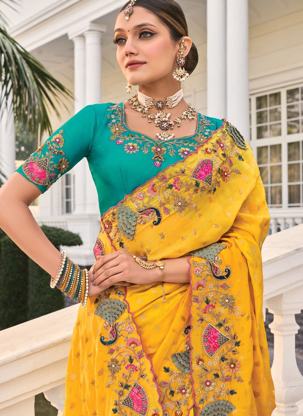 Beads Pure Crepe Yellow Saree S14305
