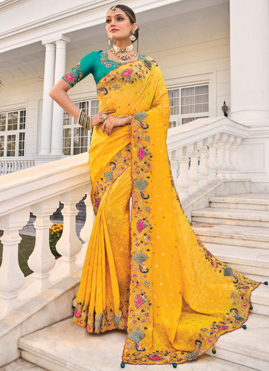 Beads Pure Crepe Yellow Saree S14305