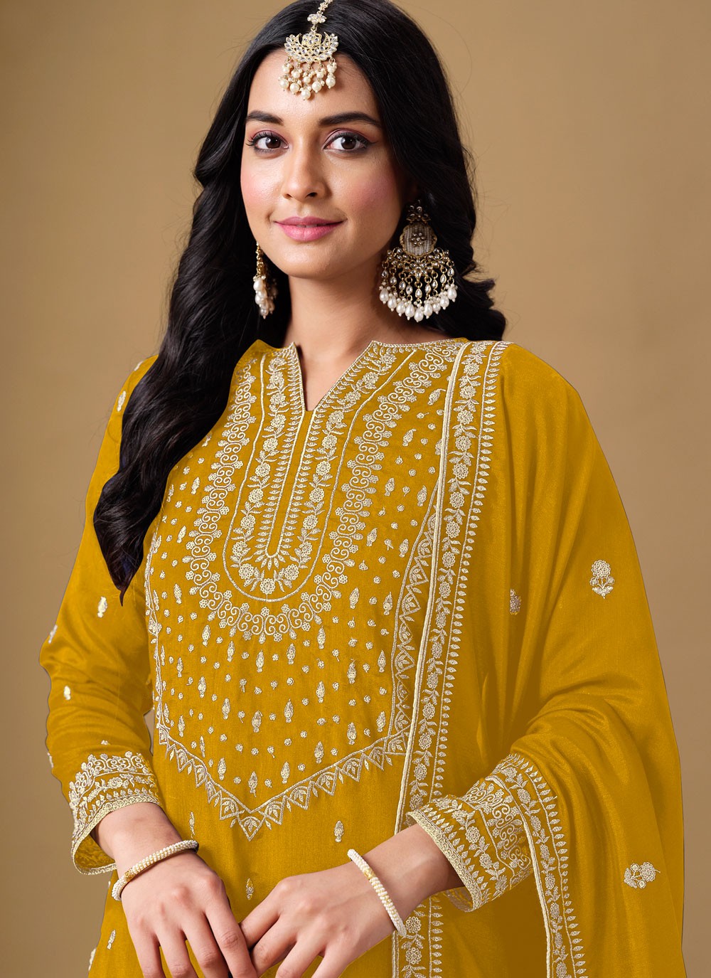 Embroidered Art Silk Mustard Salwar Suit T6132