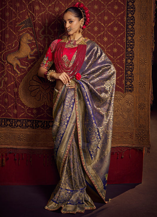 Blue Pure Dola Trendy Saree Embroidered, Jacquard Work, Lace, Zari S17429