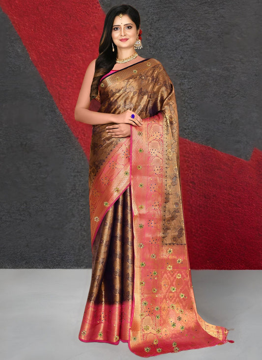 Weaving Zari Kanjivaram Silk Brown Traditional Saree S15528