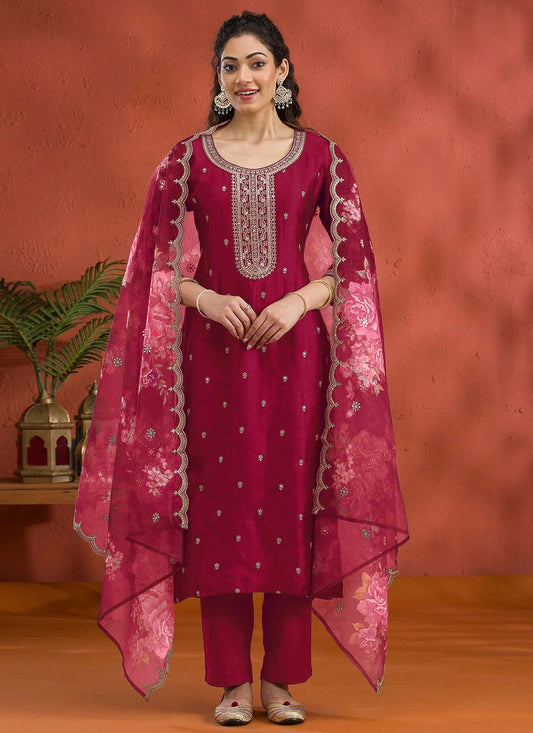 Pant Style Suit Embroidered, Zari Hot Pink T7728