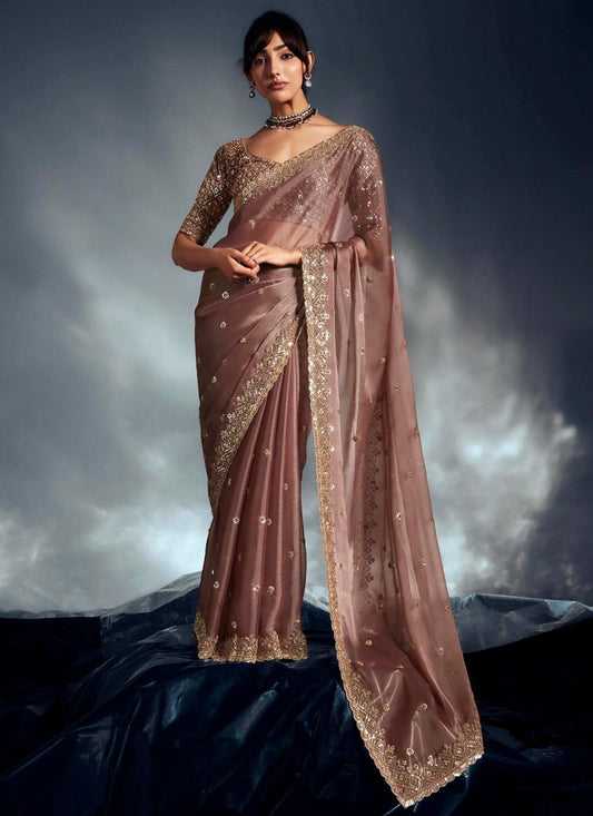 Pink Fancy Fabric Classic Saree Cut Work, Cutdana, Khatli Work, Sequins, Thread, Zari S19062
