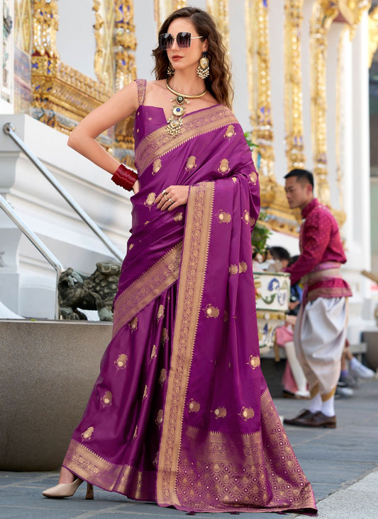 Weaving Zari Satin Silk Burgundy Saree S14434