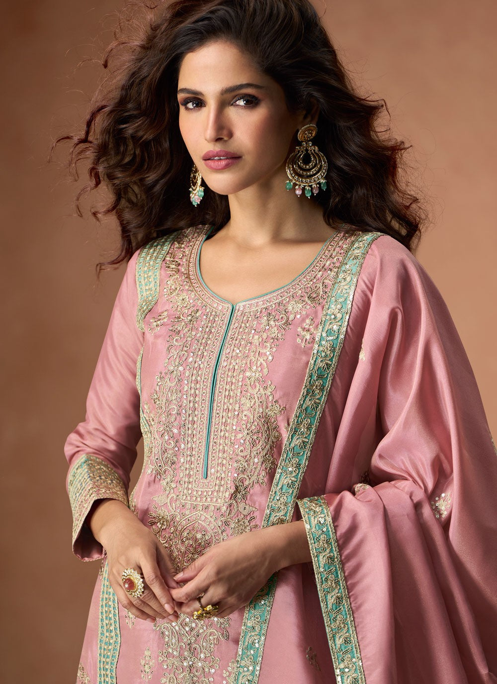 Palazzo Suit Embroidered Pink Organza T5779