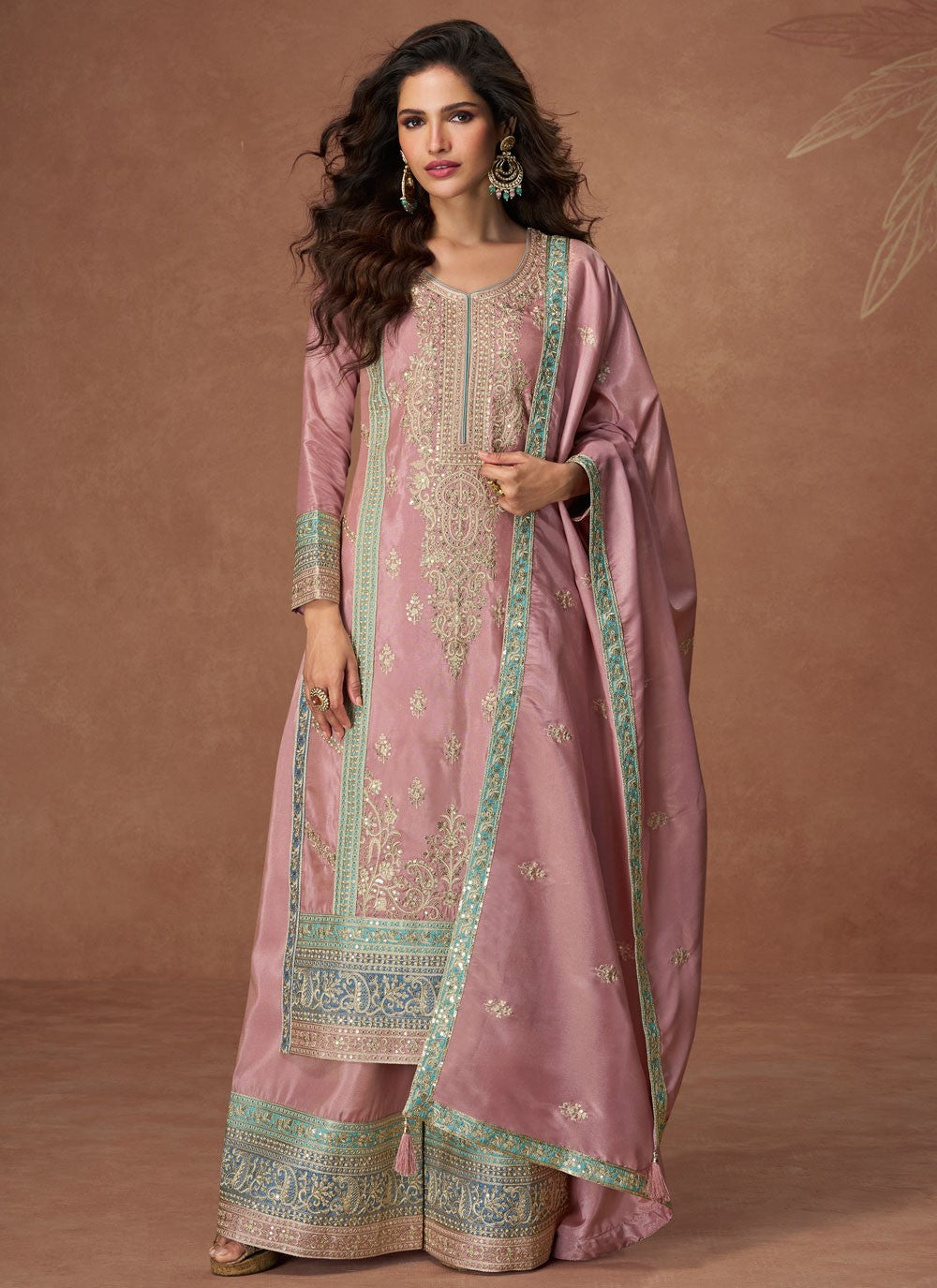 Palazzo Suit Embroidered Pink Organza T5779
