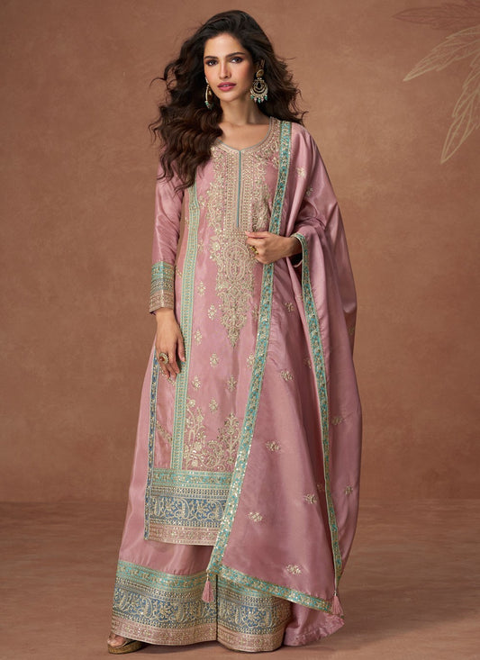 Palazzo Suit Embroidered Pink Organza T5779