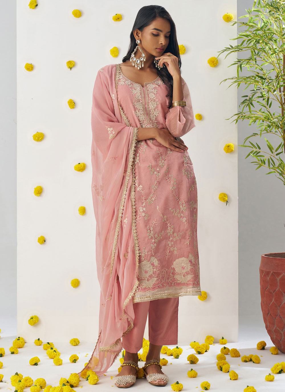 Pant Style Suit Embroidered, Stones, Zari Pink T6965