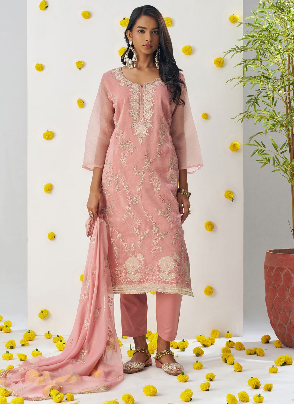 Pant Style Suit Embroidered, Stones, Zari Pink T6965