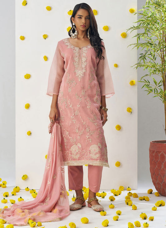 Pant Style Suit Embroidered, Stones, Zari Pink T6965