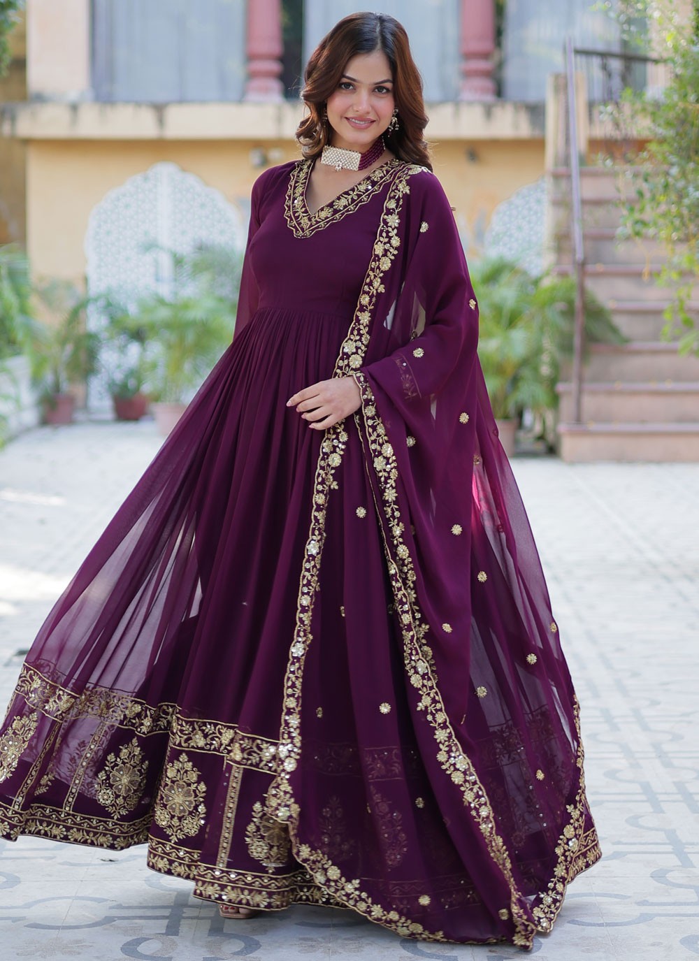 Embroidered Faux Georgette Purple Gown G1971
