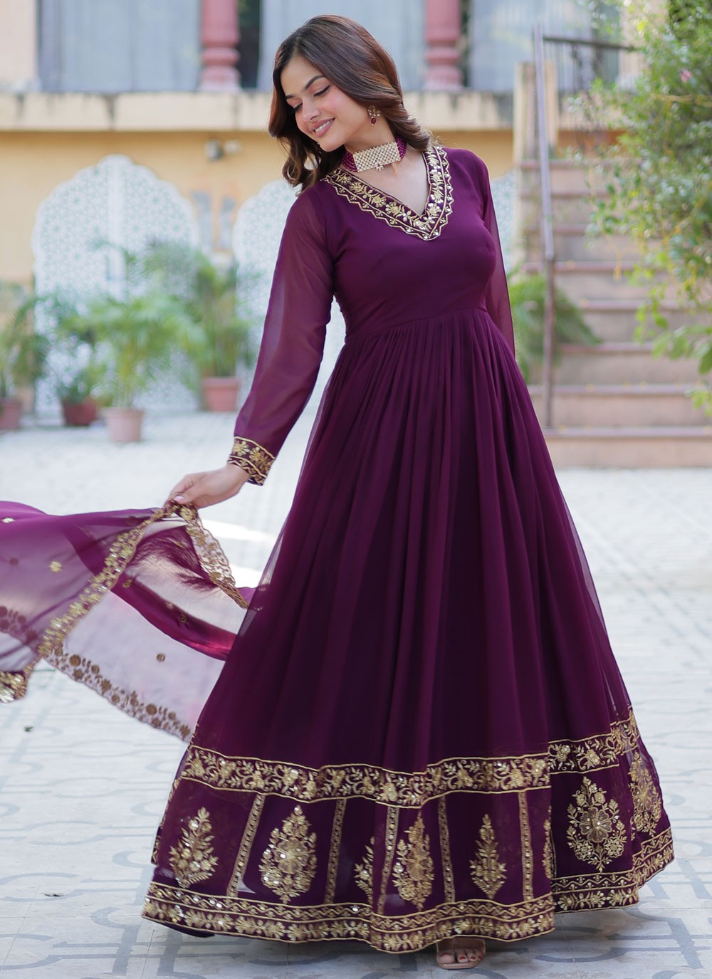 Embroidered Faux Georgette Purple Gown G1971
