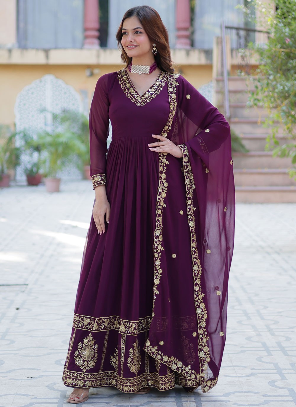 Embroidered Faux Georgette Purple Gown G1971