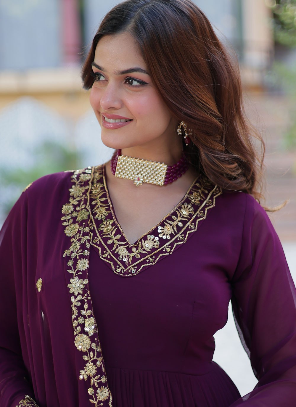Embroidered Faux Georgette Purple Gown G1971