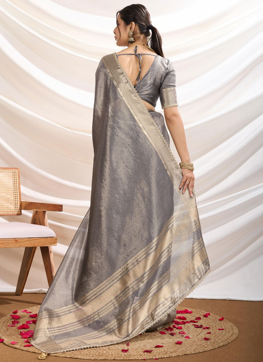 Fancy Work Linen Grey Trendy Saree S15369