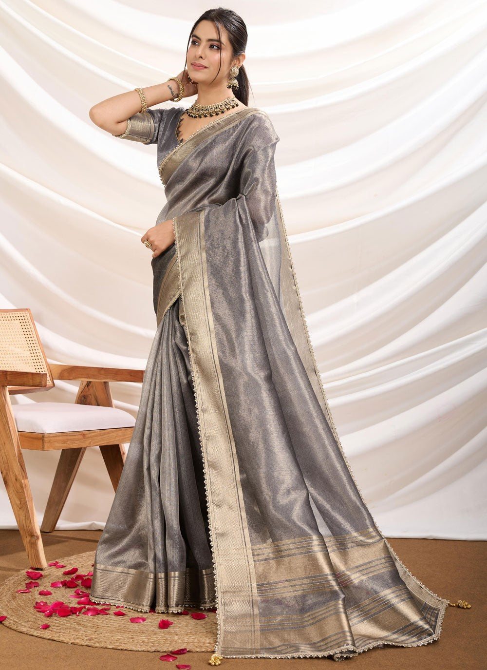 Fancy Work Linen Grey Trendy Saree S15369