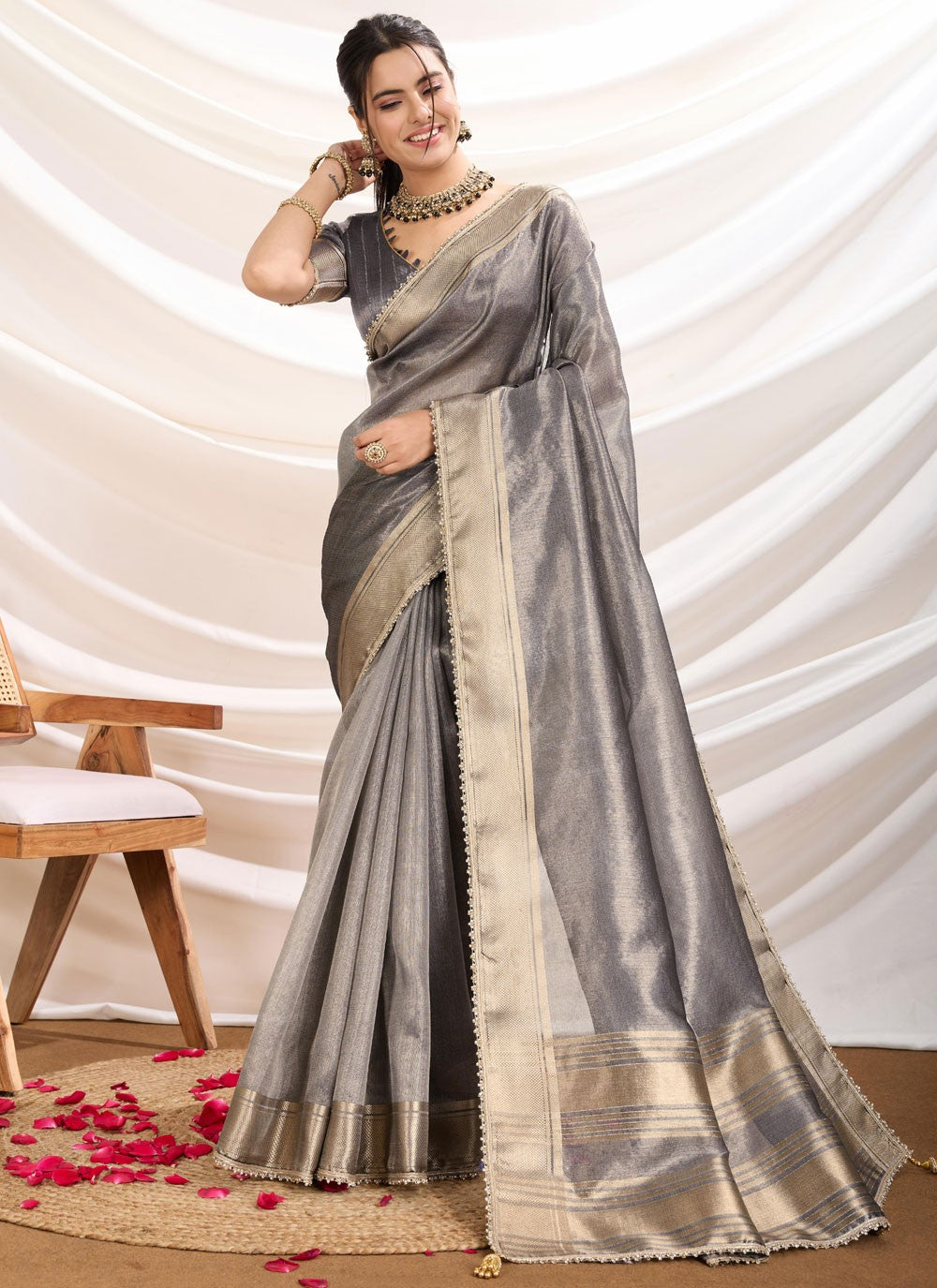 Fancy Work Linen Grey Trendy Saree S15369