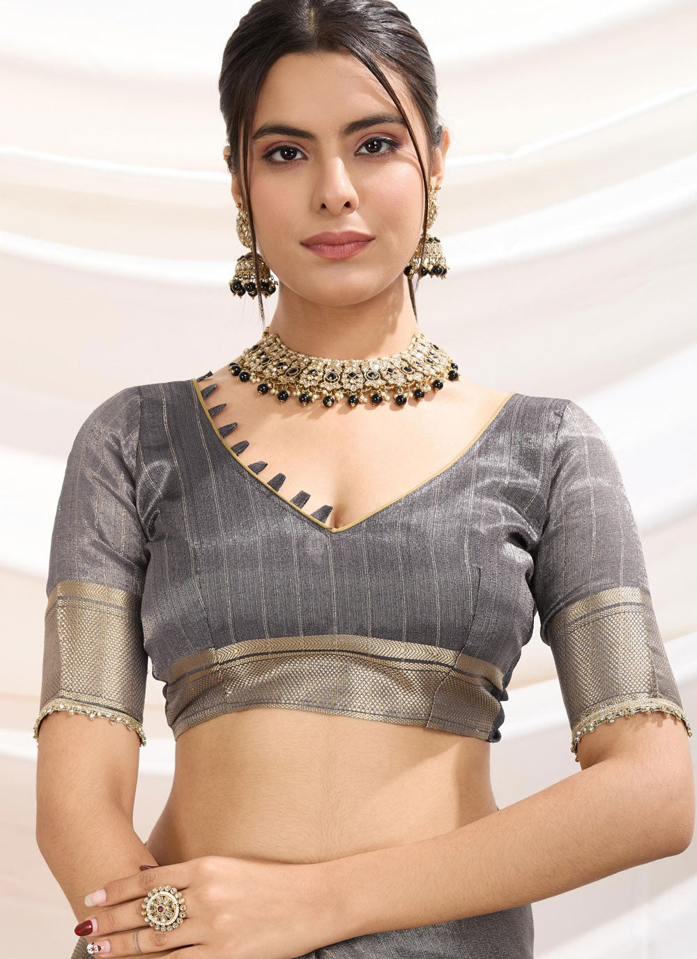 Fancy Work Linen Grey Trendy Saree S15369