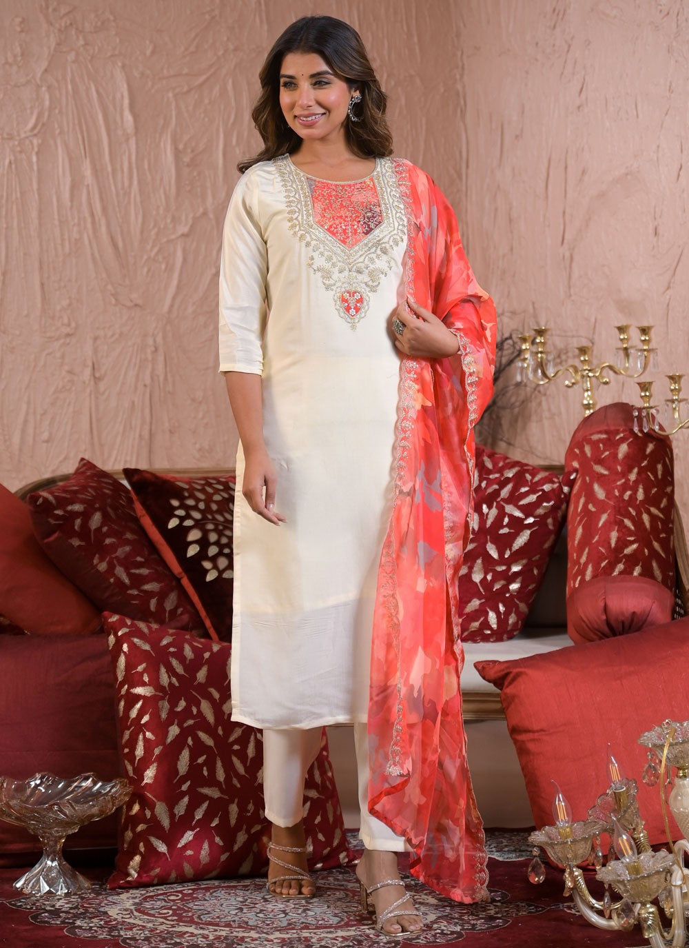 Pant Style Suit Embroidered, Zari Off White T7002