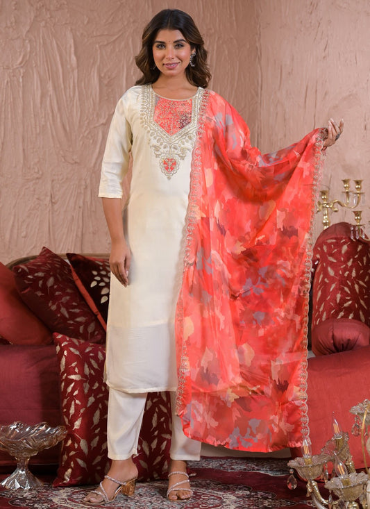 Pant Style Suit Embroidered, Zari Off White T7002
