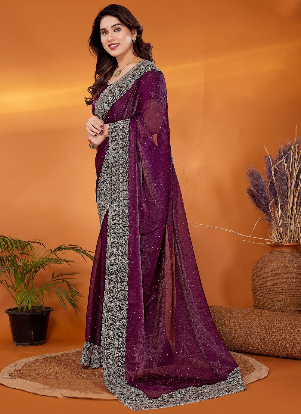 Embroidered Chiffon Purple Contemporary Saree S14916