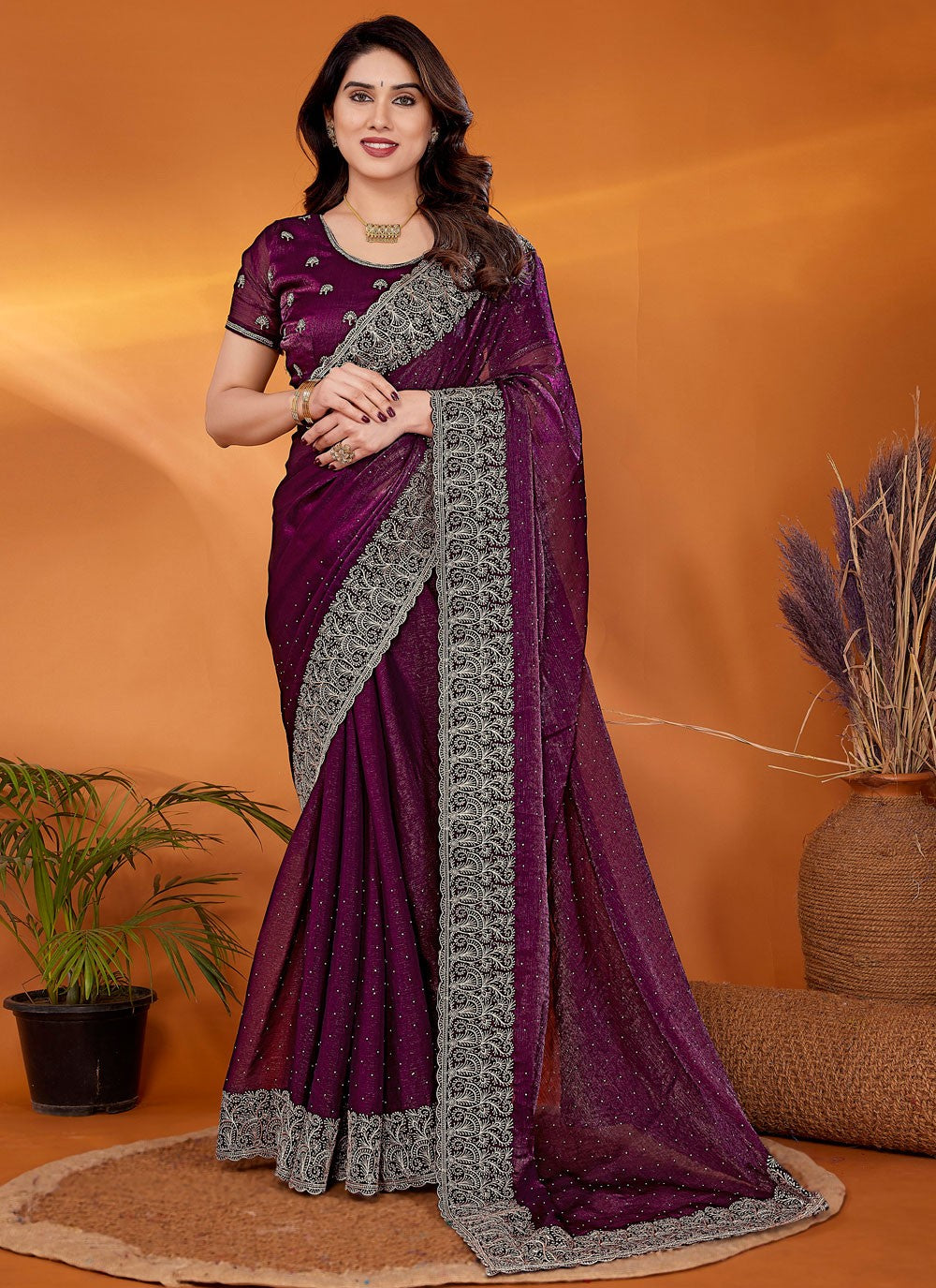 Embroidered Chiffon Purple Contemporary Saree S14916