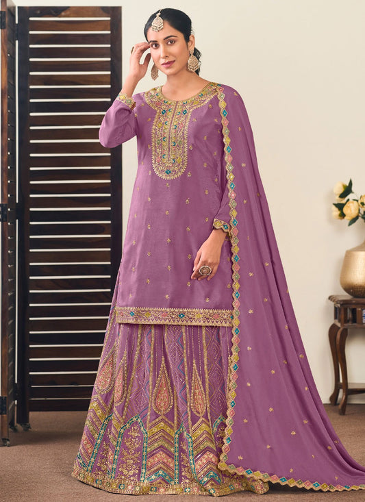 Embroidered Chinon Purple Lehenga - L3250