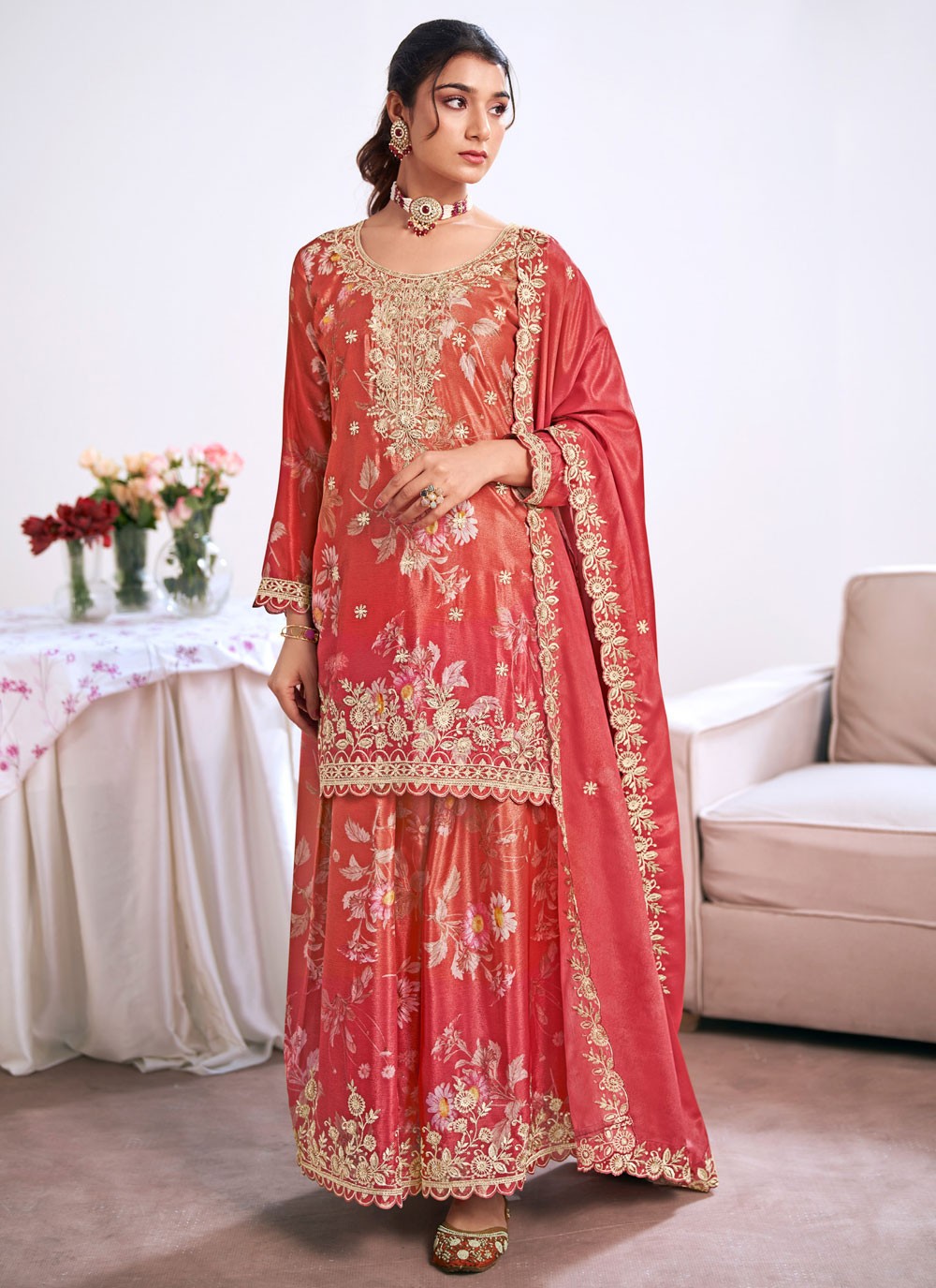Palazzo Suit Embroidered, Printed, Sequins, Zari Pink T8273