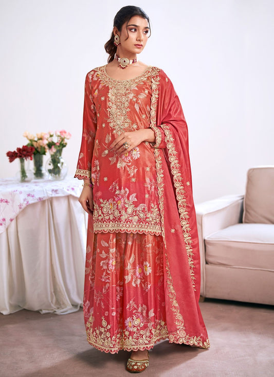 Palazzo Suit Embroidered, Printed, Sequins, Zari Pink T8273