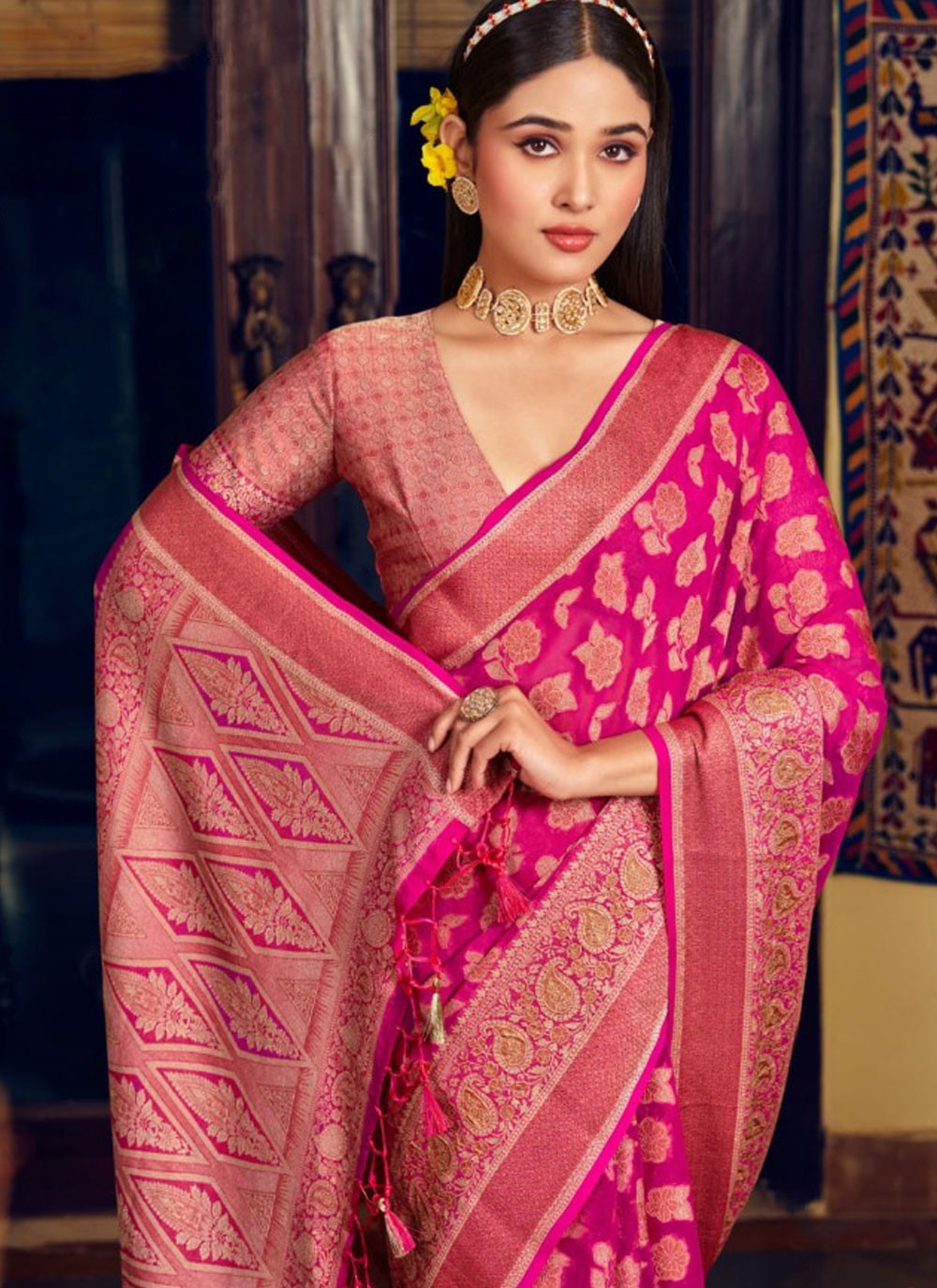 Weaving Zari Georgette Hot Pink Classic Saree S15493