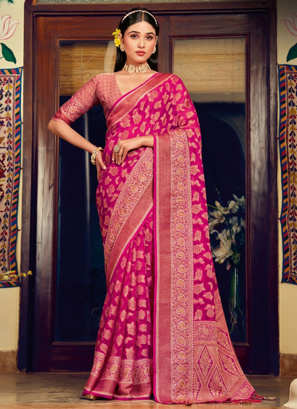 Weaving Zari Georgette Hot Pink Classic Saree S15493