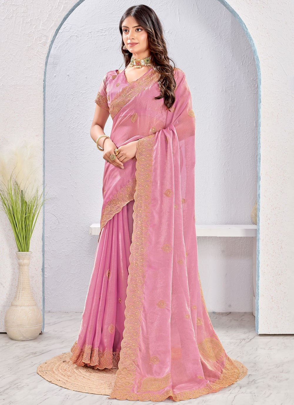 Pink Fandy Contemporary Saree Embroidered, Zari S16882