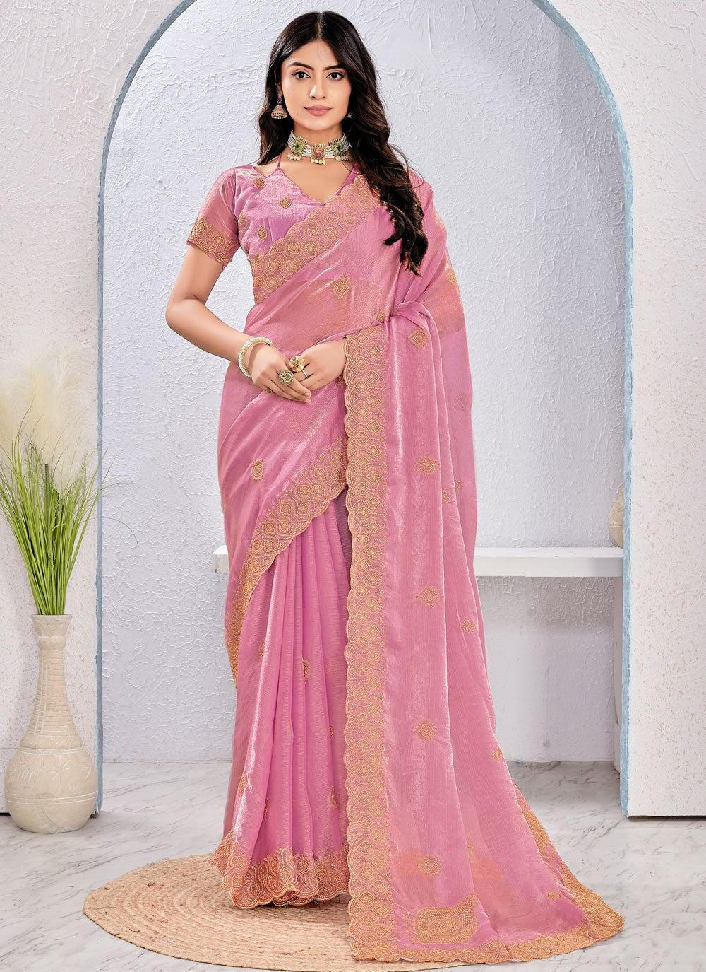 Pink Fandy Contemporary Saree Embroidered, Zari S16882