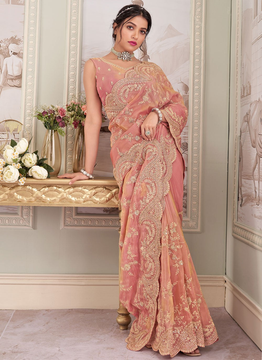 Peach Tissue Contemporary Saree Cut Work, Embroidered, Sequins, Zari S17435