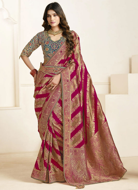 Burgundy Silk Contemporary Saree Fancy Work, Weaving Zari, Zari S18842