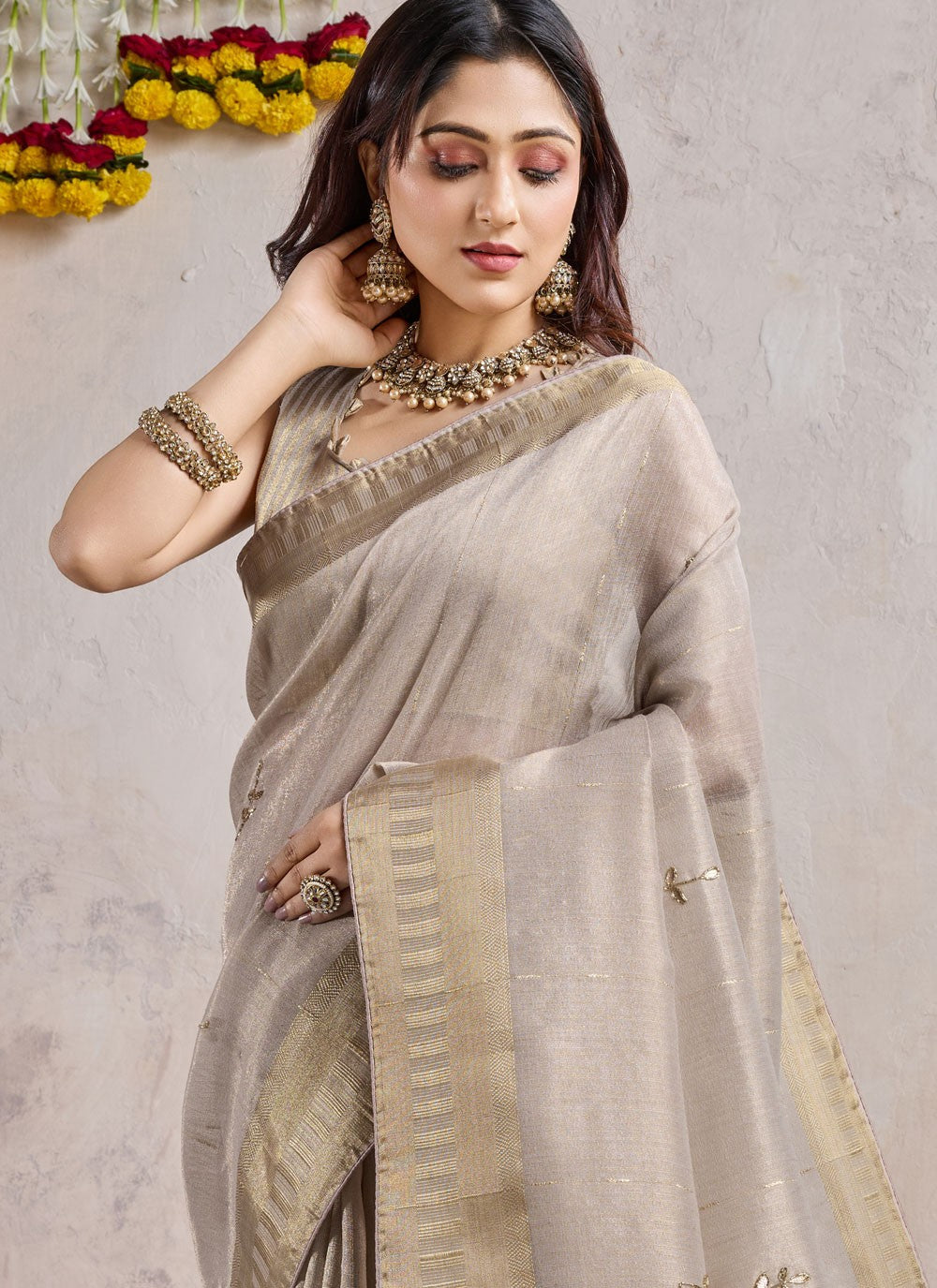 Designer Zari Grey Linen Saree S12957