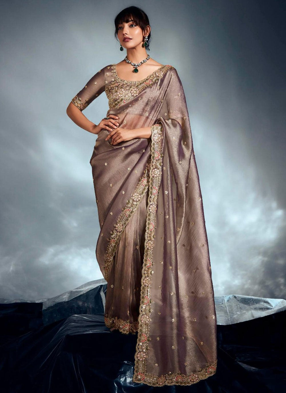 Purple Fancy Fabric Contemporary Saree Cut Work, Embroidered, Khatli Work, Sequins, Zari S19058