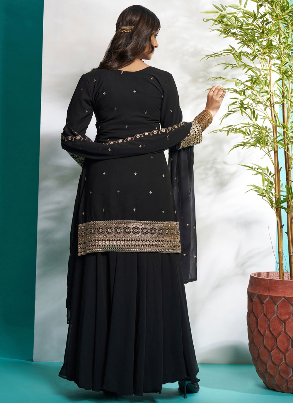 Salwar Suit Embroidered Black Faux Georgette T5617