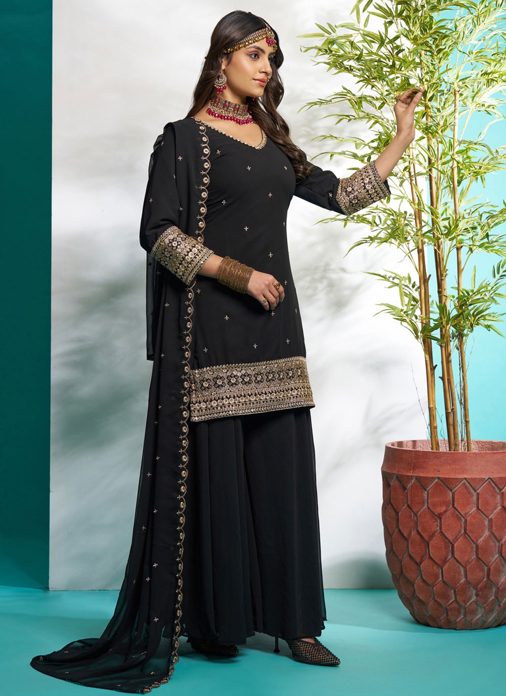 Salwar Suit Embroidered Black Faux Georgette T5617