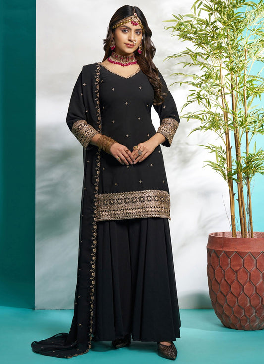Salwar Suit Embroidered Black Faux Georgette T5617